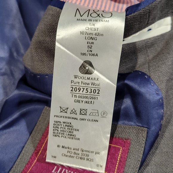 M&S Collection 100% Wool Gray Tailored Fit Double Vented Blazer Sport Jacket 42L - Picture 10 of 10